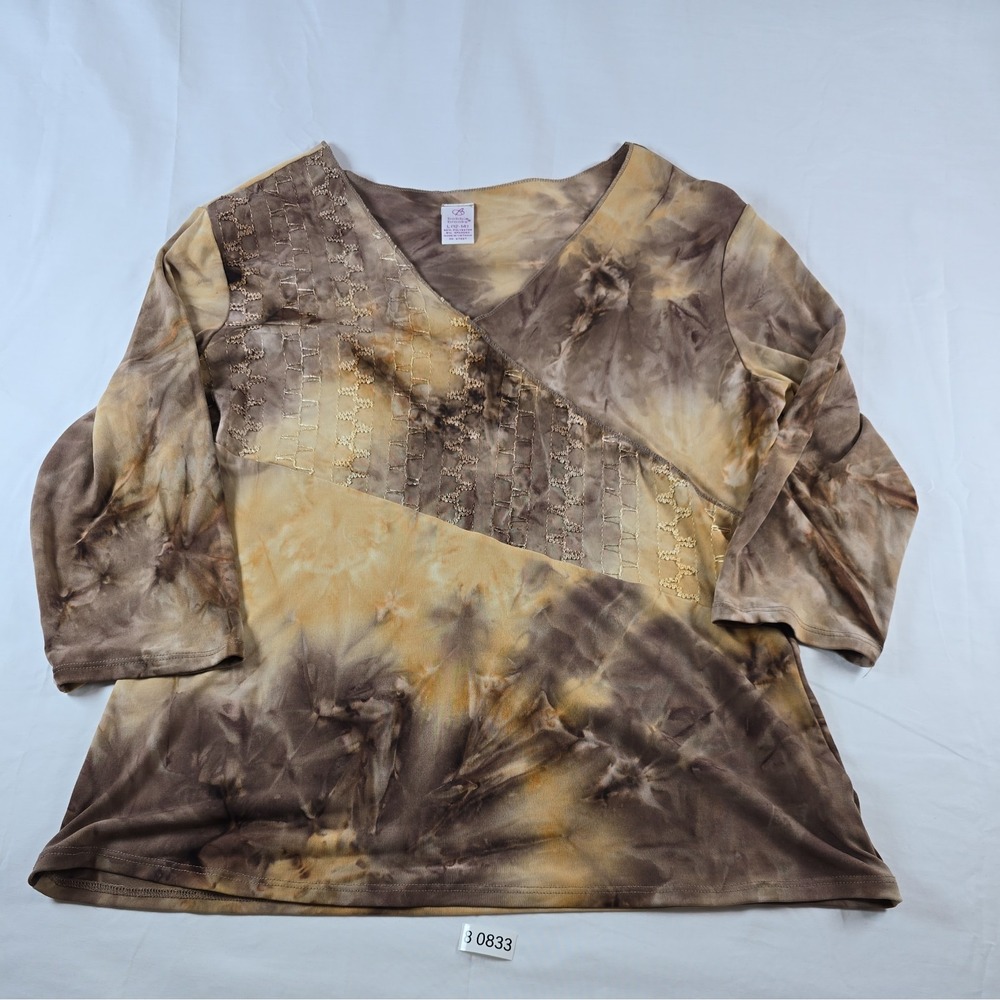 Bobbie Brooks Women's Tie Dye Embroidered Overlay Top Size L 12-14 3/4 Sleeve